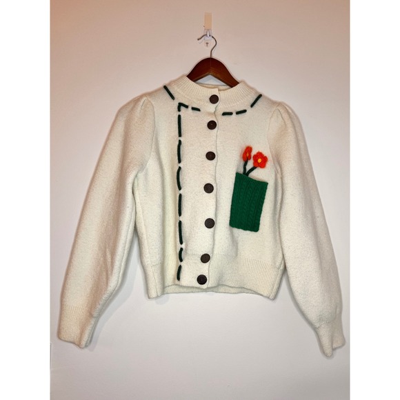 Cider Sweaters - Cider Cream Cardigan Sweater Women's Med Floral Embroidery Puff Sleeve Button Up